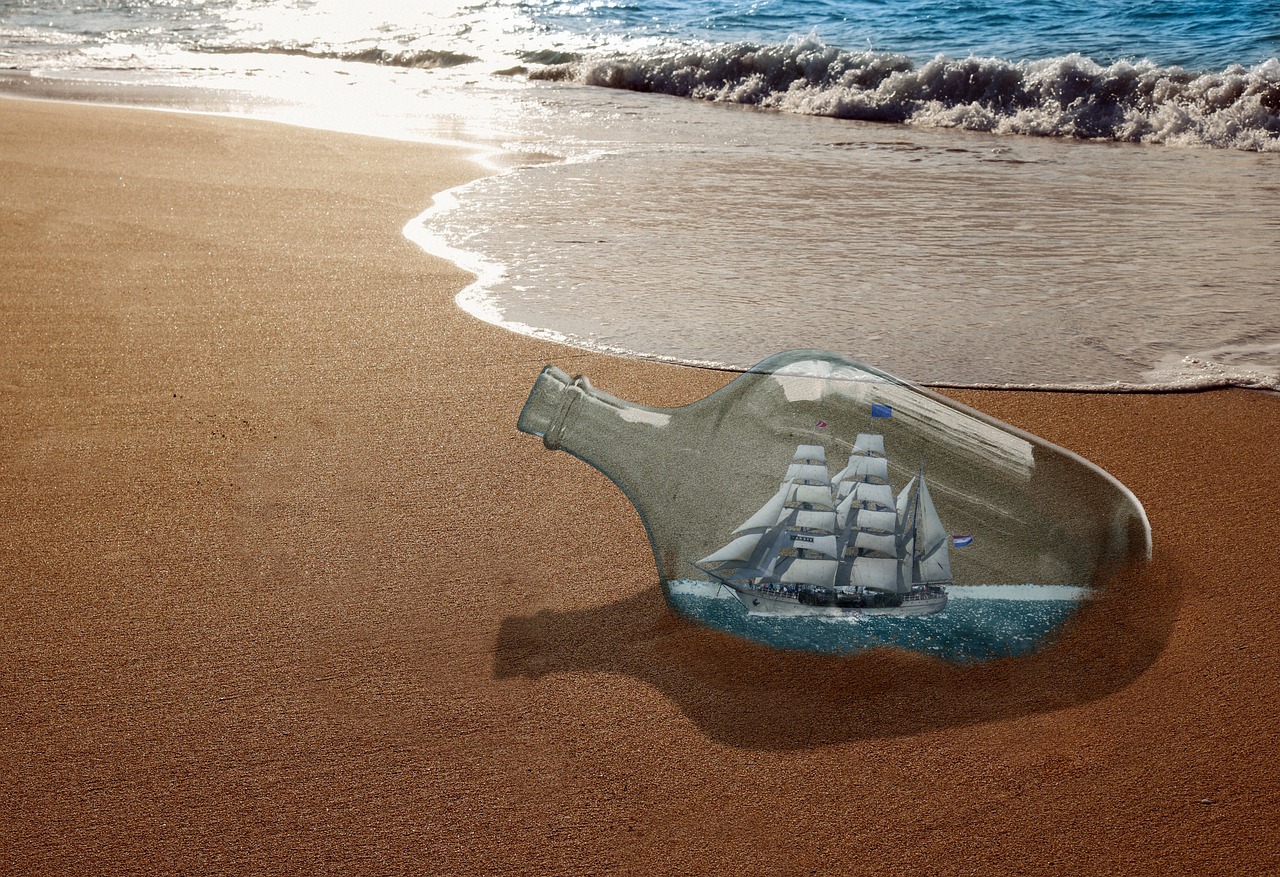 beach, message in a bottle, digging ship, flotsam, nature, sea, bottle, water, sand, vacations, summer, ocean, coast, image montage, mounting imagination